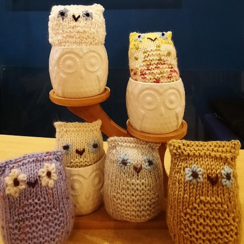 Knitted lavender owls