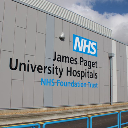 A picture of the side of a James Paget University Hospital building.