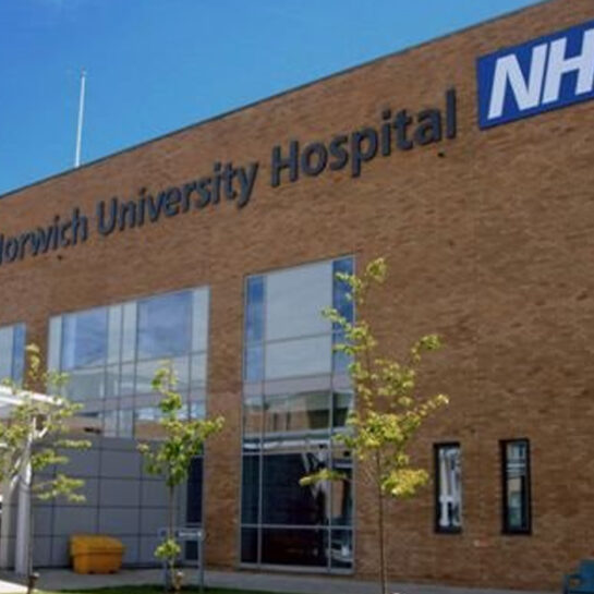 A wide-angled shot of the Norfolk and Norwich University Hospital.