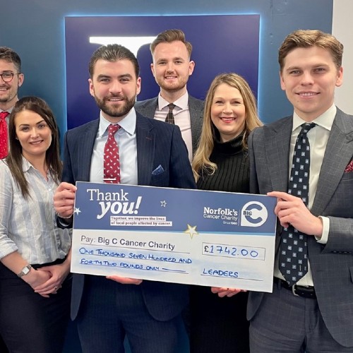 The team at Leaders estate agent at a cheque giving