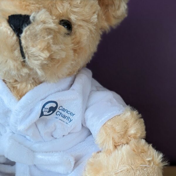 Close up of Big C logo on Charlie Bear's dressing gown