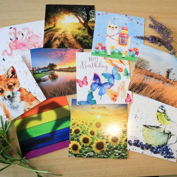 A collection of brightly coloured greetings cards
