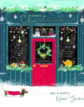 A Christmas card with an illustration of a Christmas Shop front