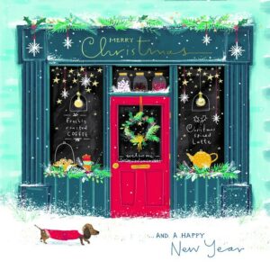 A Christmas card with an illustration of a Christmas Shop front