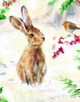 A Christmas card with an illustration of a hare and a robin