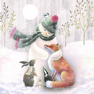 A snowman illustration with a fox, badger and rabbit