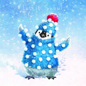 A Christmas card of a snowy penguin